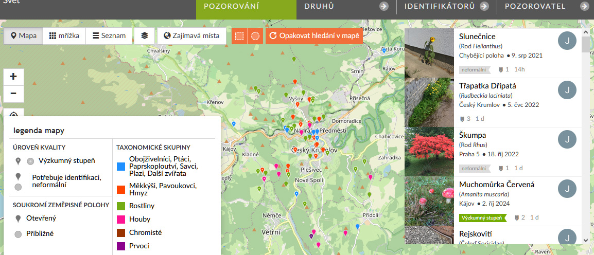 Záznamy na mapě v prostředí iNaturalist